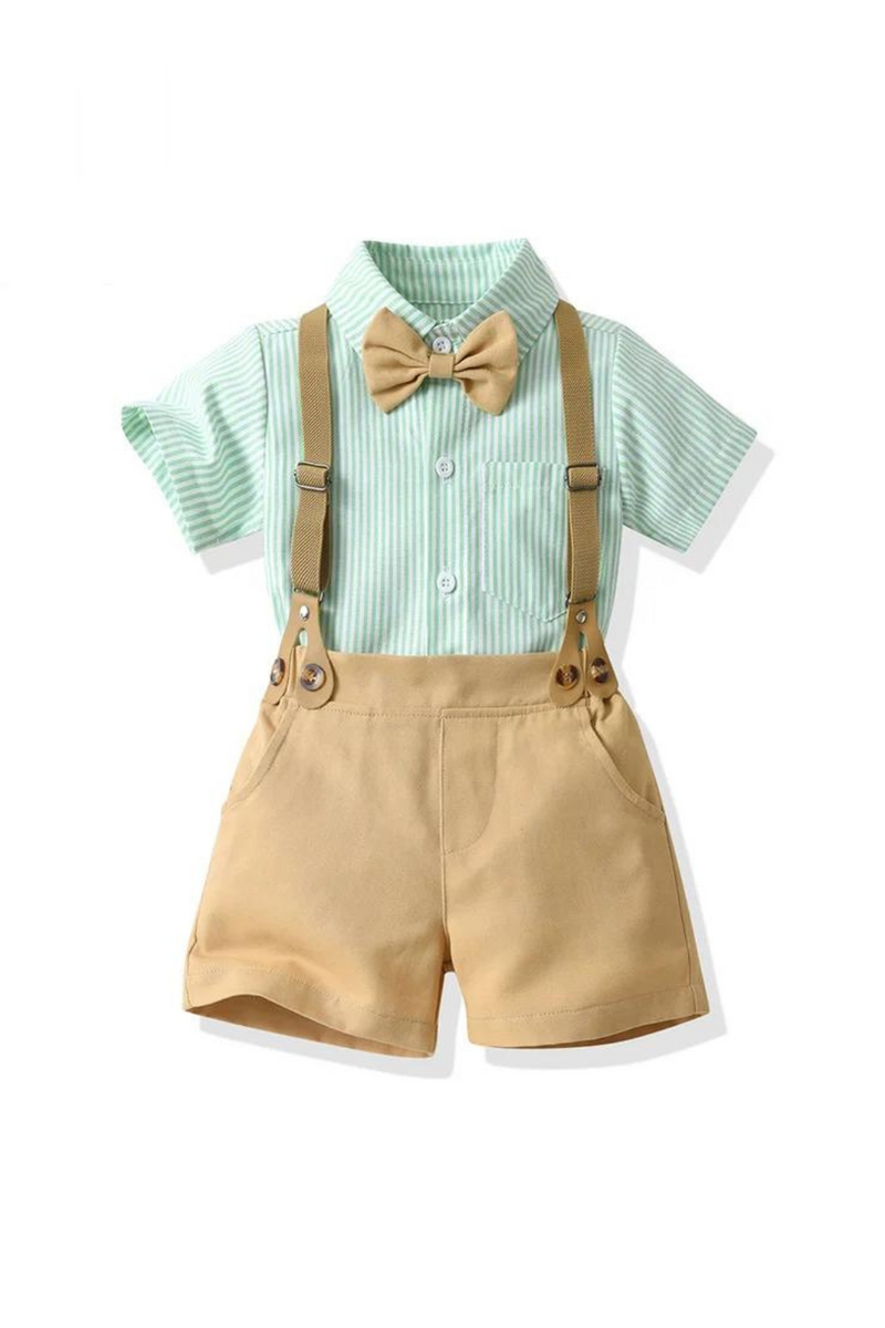 Elegant Suit Kids Boys Gentleman Short Sleeve Striped Bowtie Formal Shirts Suspenders Pants Clothing Sets