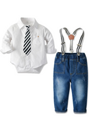 Autumn White Romper Suit for Baby Boy Clothes Denim Pants with Belt Infant Outfit