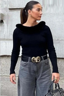 Fur Collar Women's Sweater Knitted Pullovers Sweaters Autumn Knitwears Long Sleeve Top