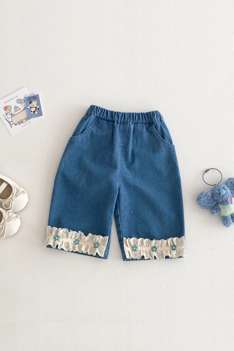 Spring Girls Denim Jeans Lace Trim Casual Pants for Babies & Toddlers