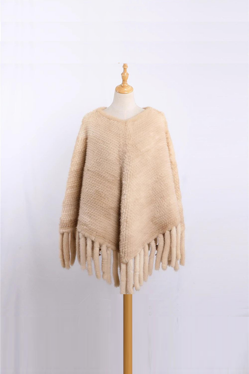 Women's Luxury Winter Genuine Mink Fur Knitted Cape Pullover Poncho Lady Warm Shawl Tassels Wraps