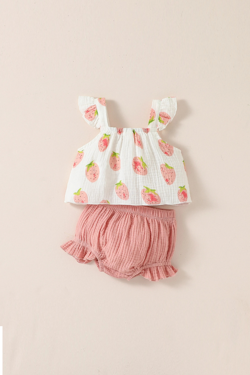 Baby Girl Printing Strawberry Sleeveless Top And Shorts Active Summer Suit