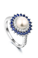 Pearl Sapphire Sterling Silver Women's Ring Round 7mm Pearl Classic Style Jewelry