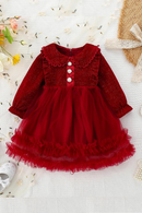 Autumn and winter girls plush long sleeved dress new children clothing red princess mesh lapel dress