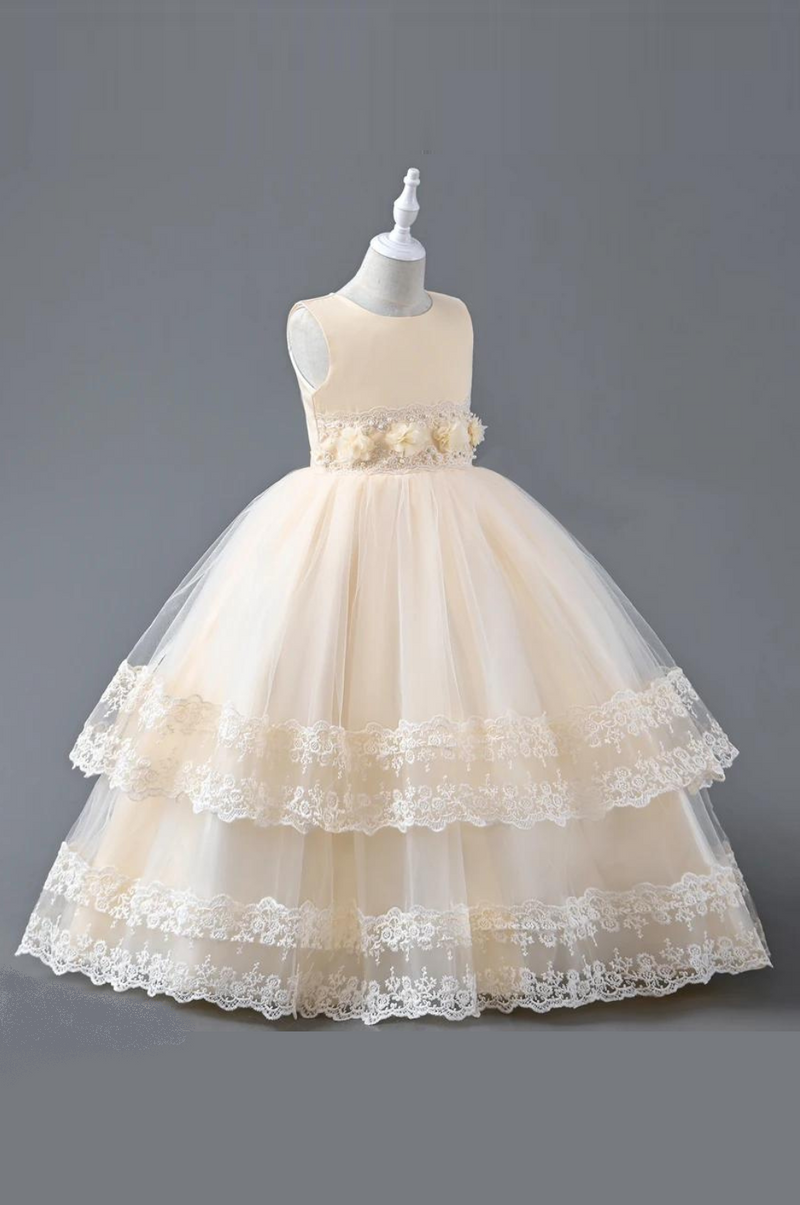 Children's Dress Girls Waistband Pearls Design Layers Princess Lace Kid Costume For Wedding Party