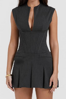 Slit Collar Corset Style Sleeveless Mini Dress Women Slim Waist Package Hips Tank Summer