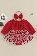 Spring Valentine's Day Infant Baby Girls Bodysuit Long Sleeve Heart Dress Headband Red Clothes