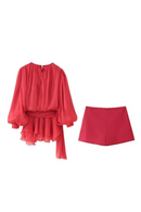 Women Elegant Puff Pleated Shirts Mini Dress Short Two Piece Skirt Set Loose Casual Women Tops