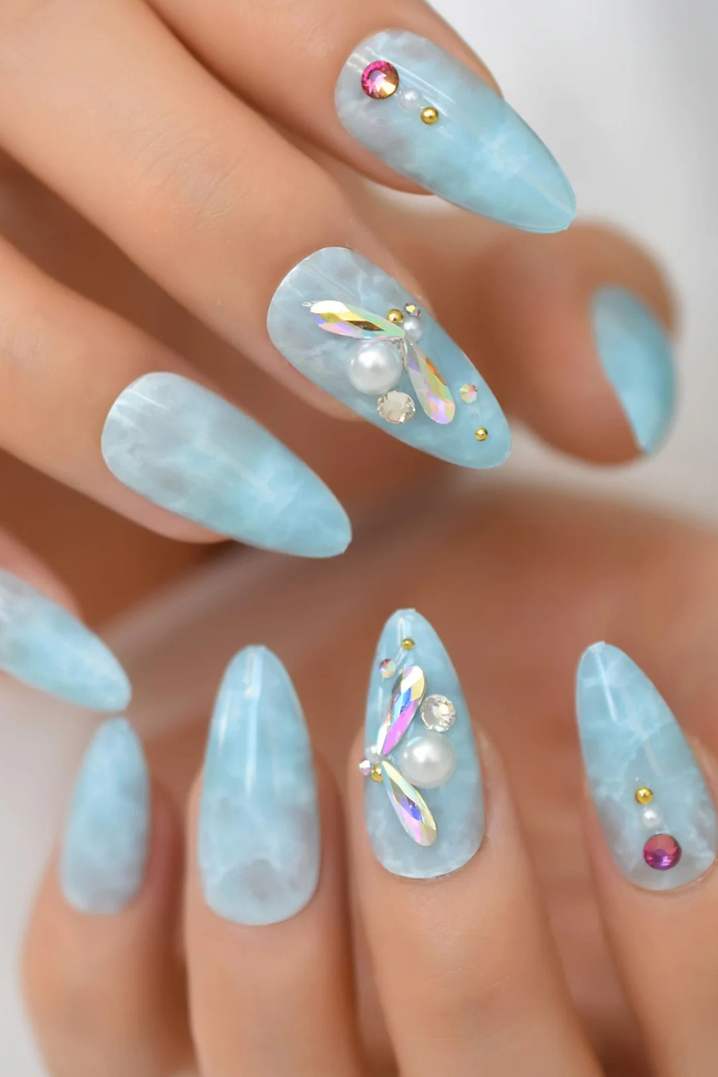 Luxury Press On Nails Pearl Wings Bling False Almond Fake Nails Set Unique Designs For Women Girls