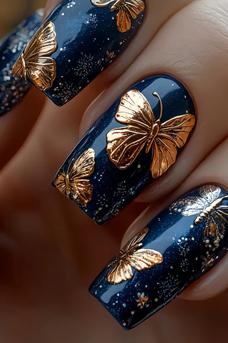 Square Head Press on False Nails with Golden Butterfly Full Cover Nails Tips with Jelly Glue Wearable Fake Nail