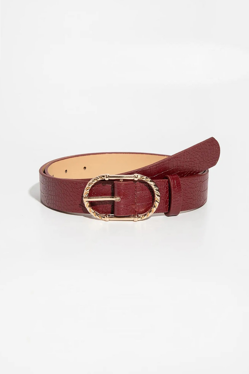 Luxury Retro Gold-Tone Metal Buckle Burgundy Crocodile Embossed Leather Belt