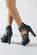 Women Sandals Peep Toe Chunky Heels 11.5cm Platform 3.5cm Zipper Buckle T-Strap Dating Shoes