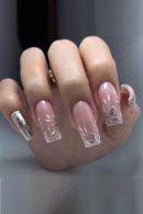 24Pcs Wearable False Nails Tips Silver Sparkling Maple Leaf Designs Fake Nails Long Square Finished Press on Nails Manicure