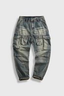 Heavy American vintage motorcycle cargo jeans men's multi-pocket straight cone heavy washed casual pants tide