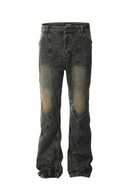 Spliced Denim Flare Pants Mens Washed Distressed Retro Streetwear Loose Jeans Men Trousers