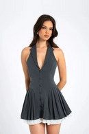 Pleated Mini Dress For Women Lapel Sleeveless Fungus Dress Buttons Office Lady Dress