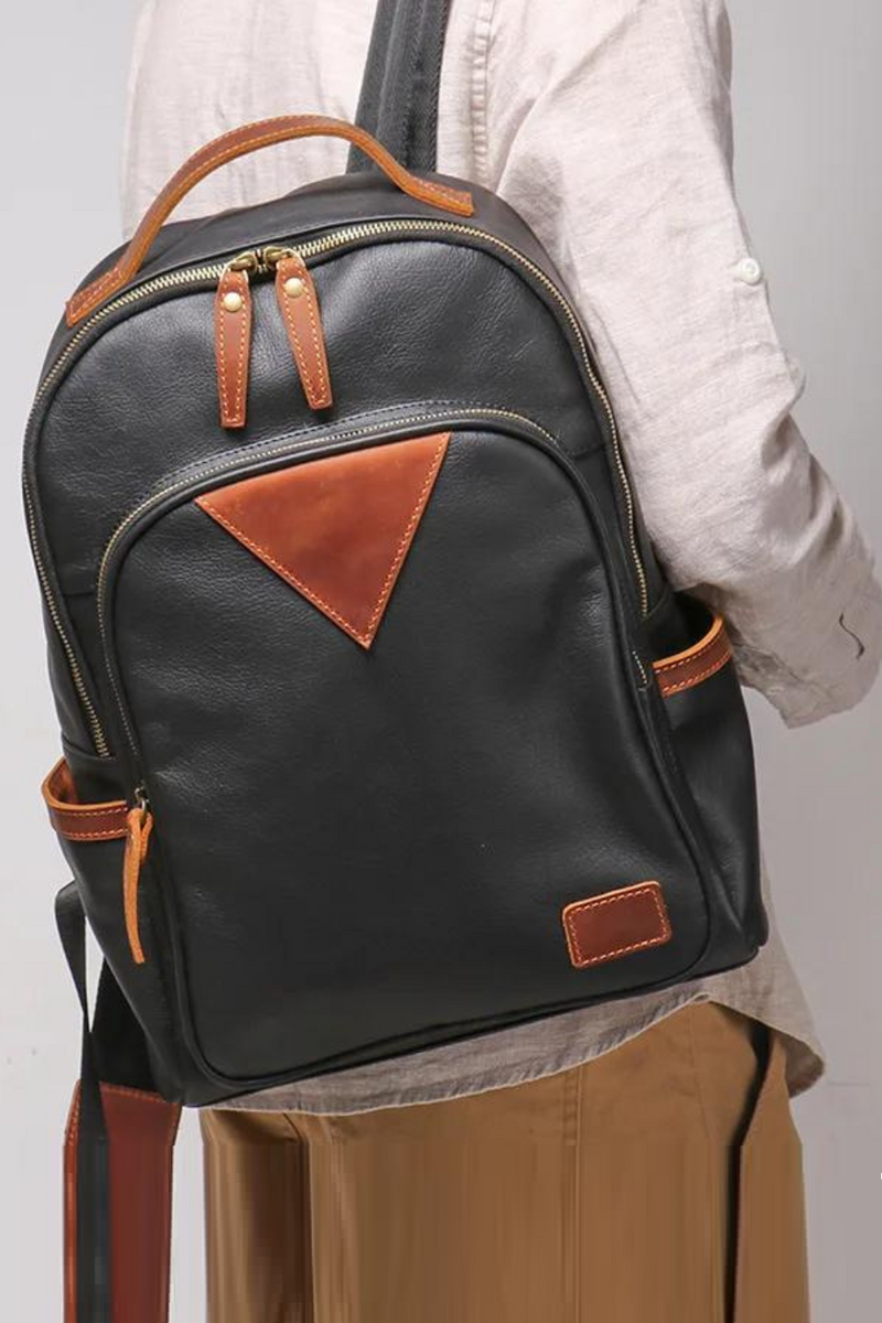 Genuine Leather Men's Bag Leather Backpack Large Capacity Computer Bag Personalized Contrast Travel Bag