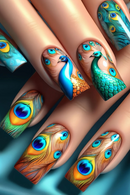 Press on Nails with Peacock Ballet False Nails with Glue Stripe Floral Nail Press on Acrylic Nail Tips