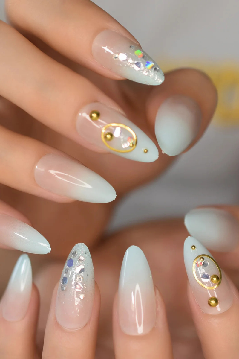 Almond Bling Press On Nails Medium Length Ombre False Nail Tips Gold Ring Glossy Fake Nails Designer