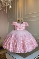 Girl Dress For Wedding Applique Tulle Short Sleeve Pearl Princess Kids Birthday First Communion Ball Gown