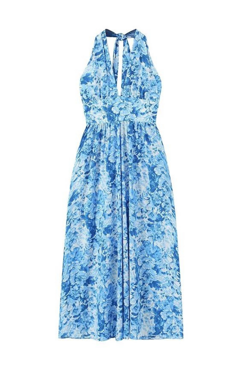 Women Backless Halter Blue Floral Midi Dresses Sleeveless Female Holiday Summer Dresses