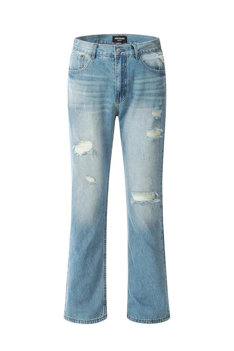 Washed Blue Ripped Hole Flared Pants Mens Streetwear Distressed Denim Pants Men Trousers