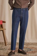 Men Jeans Suit Pants Elastic High Waisted Straight Trousers Casual Naples Denim Pant