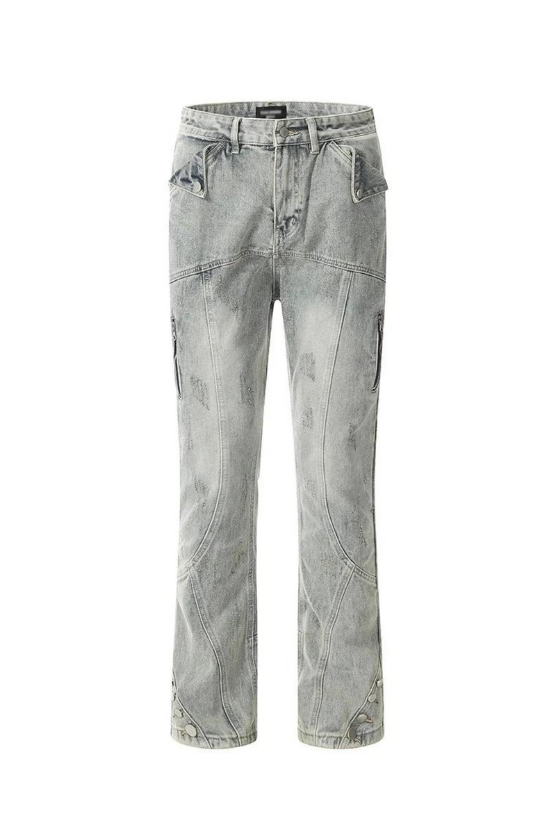 Retro Jeans Mens High Street Spliced Zipper Breasted Straight-leg Denim Pants Men
