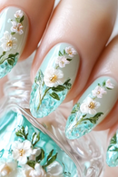 24pcs Summer Fresh Green Press On Naills Lotus Flower Gold Fish Pattern Printed Fake Nails Glossy Almond Detachable False Nail