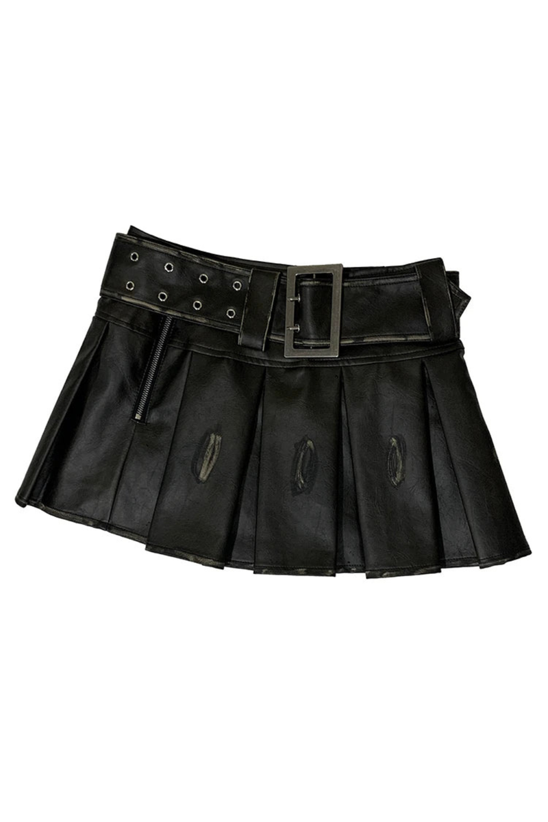 Summer Autumn Distressed Leather Mini Pleated Skirt Women Belt Short Luxury Designer Clothes