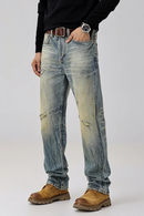 Men Distressed Washed Ripped Jeans - Loose Slim Tapered Patchwork Pant
