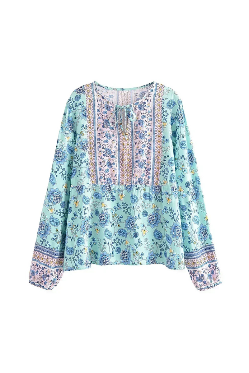 Boho Queens Women Floral Lace-up Bohemian Blouse Shirts Long Sleeve Tassel Rayon Tops