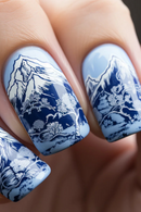 24pcs Blue Square Press on Nails Landscape Nail Tips for Girl Women Wearable False Nails