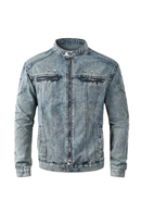 Men Jacket Retro Stand Collar Denim Jacket Men Bomber Coat Zipper Fly