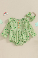 Spring St. Patrick's Day Girl Outfit Long Sleeve Clover Bodysuit Hairband Fall Clothes
