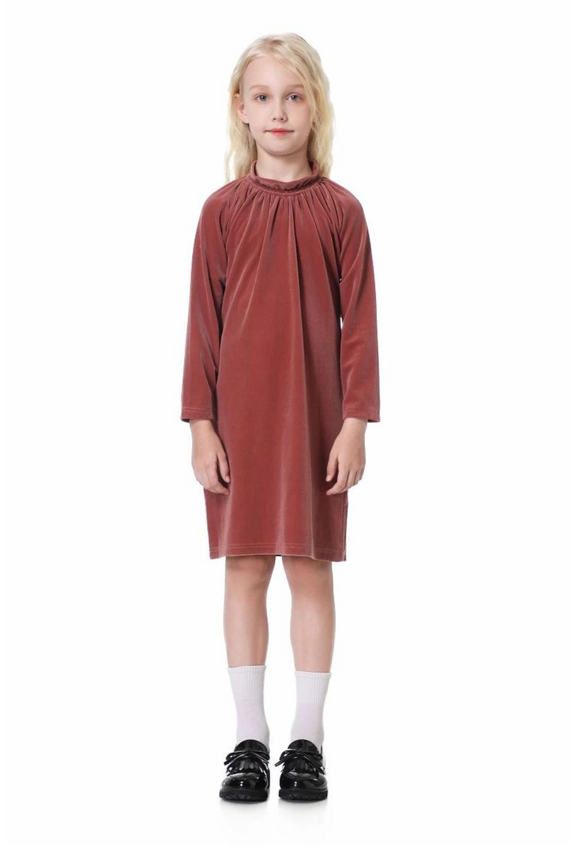 Girls Velvet Dress Teenager Kids Autumn Dresses Ruched Neck Children Clothes Long Sleeve