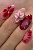 Almond Full Cover False Nails with Flower Design Press on Nails Red Smudge Wearable Fake Nail Tip