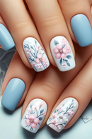 24Pcs Nails Cozy Garden Blooming Flower Leaf Nail Short Square Press on Nails Summer