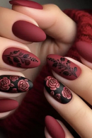 Autumn Winter Matte Almond Nails with Glue Rose Leaf Nail Art Simple Full Cover Press on Acrylic Nails Tips