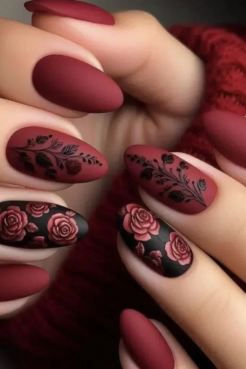 Autumn Winter Matte Almond Nails with Glue Rose Leaf Nail Art Simple Full Cover Press on Acrylic Nails Tips