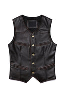 New Brown Edge Grinding V-neck Genuine Leather Vest Men's Natural Cowhide Slim Sleeveless Jacket Business Gentleman Waistcoat