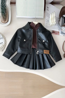 Girls Autumn Clothing Leather Jacket Suit Children Motorcycle Set Short Coat Pleated Skirt