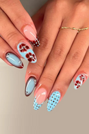 24Pcs Mid-length Almond Press on Nails Blue Polka Dot False Nails Art Rhinestone Full Cover Nails Tips