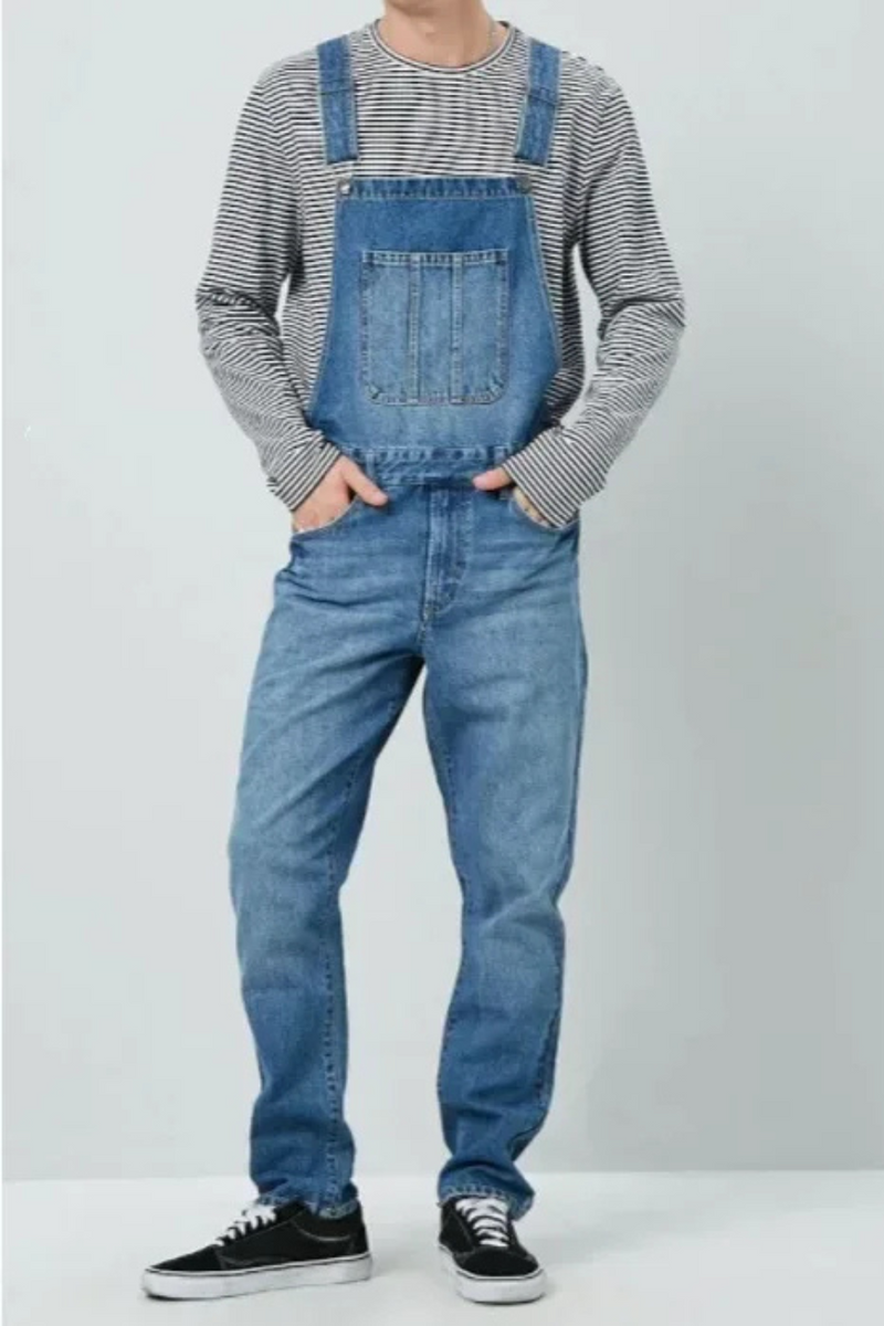 Jumpsuits Men Casual Stitching Spaghetti Strap Jeans Men Washed Straight-Leg Denim Jumpsuits