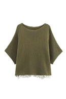 Obroi Green knit poncho with lace trim on a white background