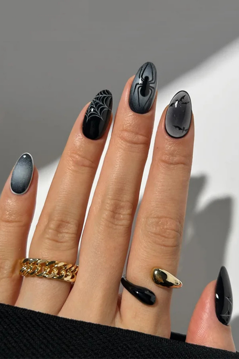 24PCS Halloween False Nails Simple Dark Black Gradient Fake Nails for Women Wearable Ins Nails