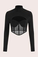 Sexy Mesh Long Sleeve Halter Corset Top Hollow Out Low Cut See Through Slim Fit T-shirts Streetwear Summer
