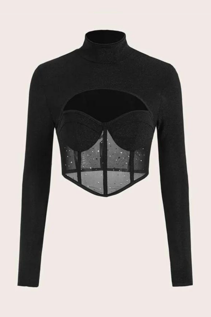 Sexy Mesh Long Sleeve Halter Corset Top Hollow Out Low Cut See Through Slim Fit T-shirts Streetwear Summer