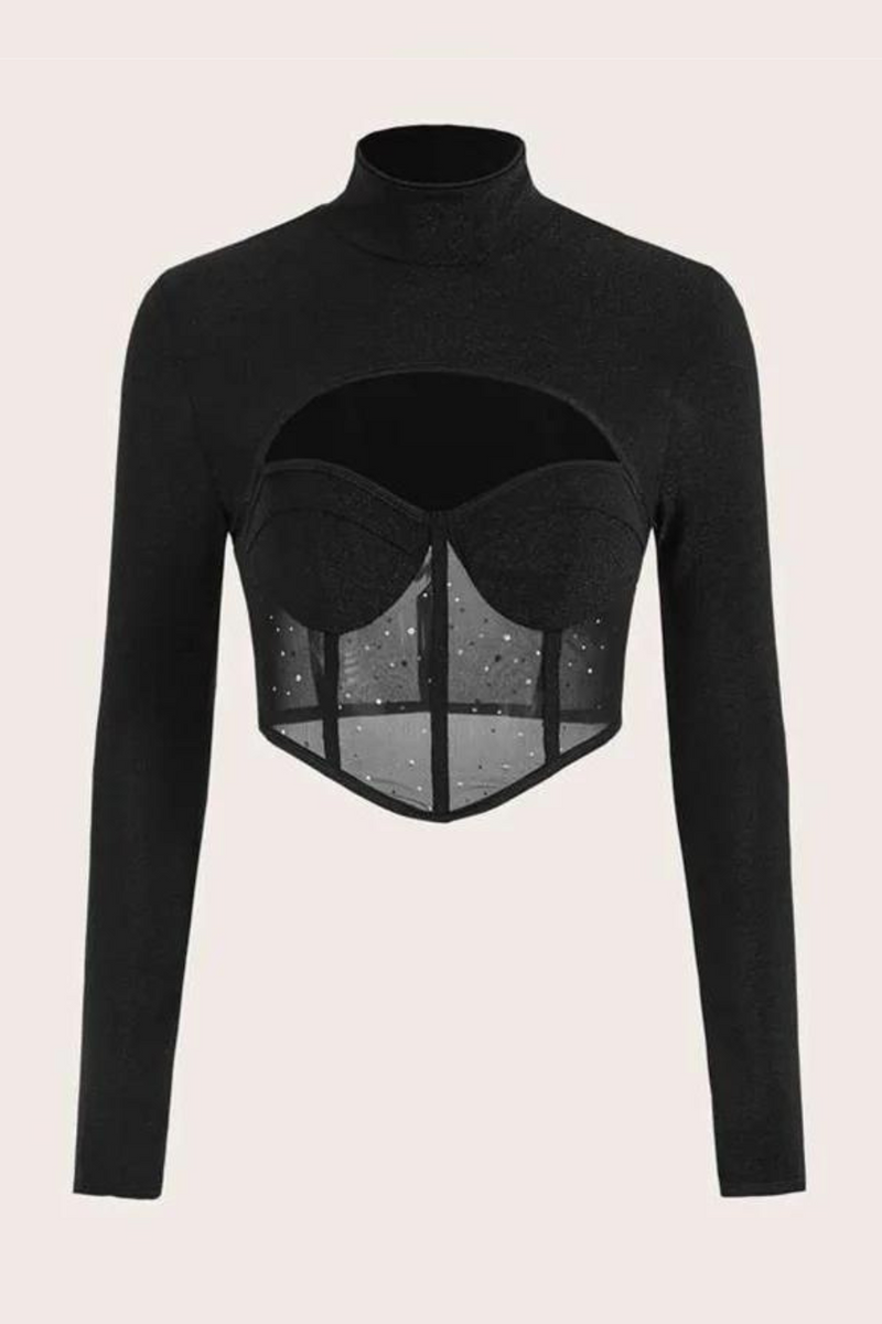 Top Gotico Donna In Pizzo Nero - Maniche Svasate, Scollo A V, Vestibilità Aderente, Taglia L