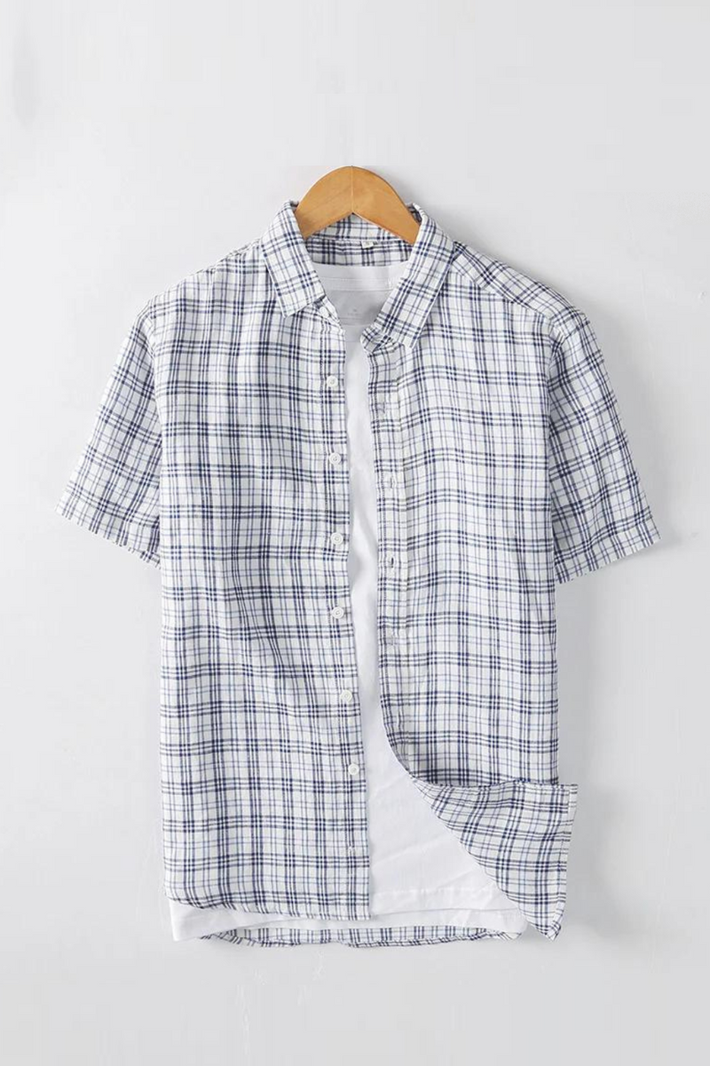 Summer Men's Linen Shirt Simple Plaid Short Sleeve Comfortable And Breathable Classic Shirt Tops